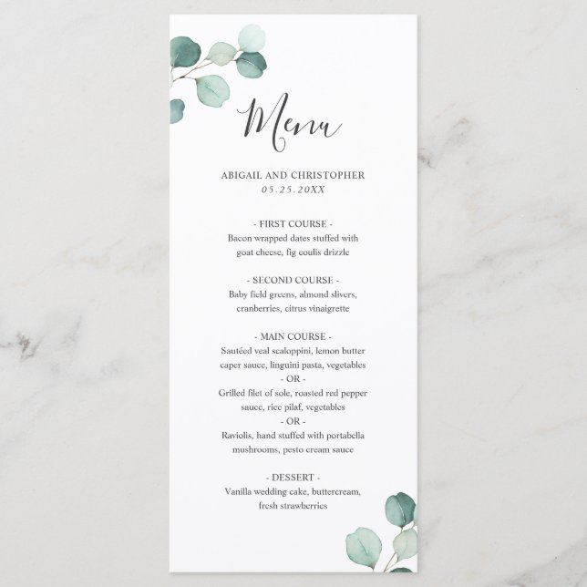 Menu de mariage simple élégant à motif de verdure  (Devant)