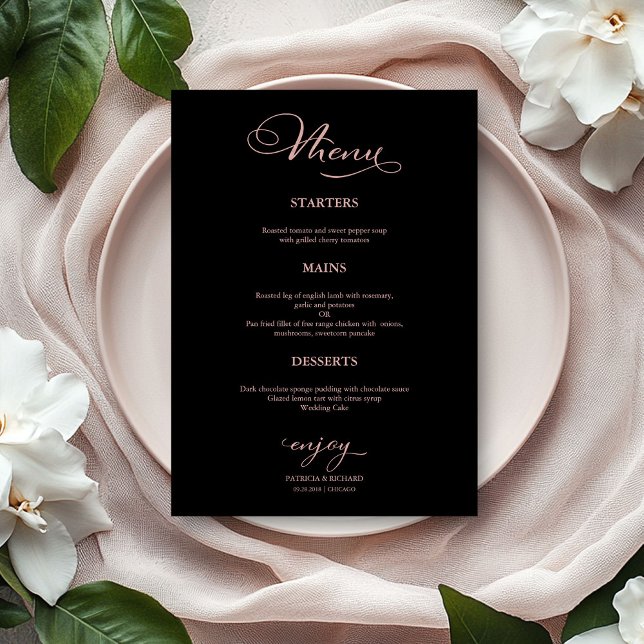 Menu de mariage simple élégant rose gold noir (Créateur téléchargé)