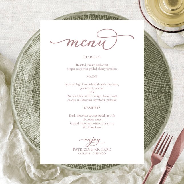 Menu de mariage simple en écriture dorée rose (Créateur téléchargé)
