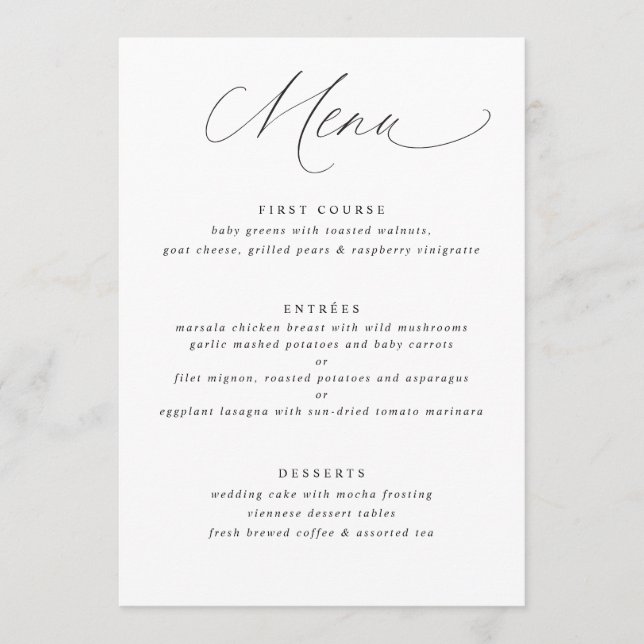 Menu de mariage simple et élégant à calligraphie d (Devant)