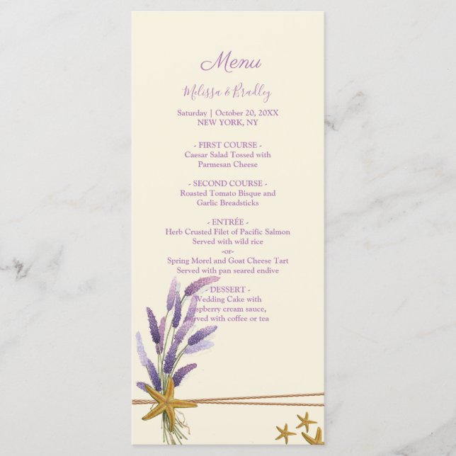 Menu de mariage simple et joli étoile de mer (Devant)