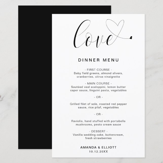 Menu de mariage simple et moderne Love Heart (Devant / Derrière)