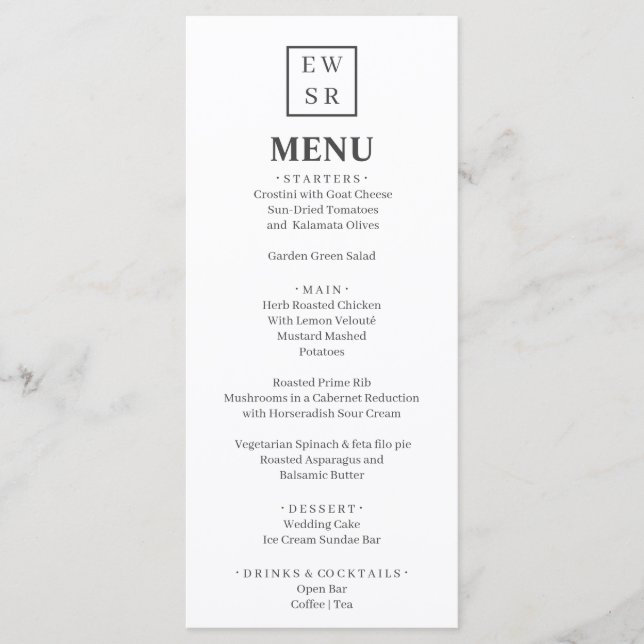 Menu de mariage simple monogramme blanc et gris (Devant)