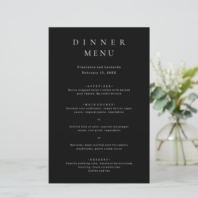 Menu de mariage simple noir classique (Debout devant)