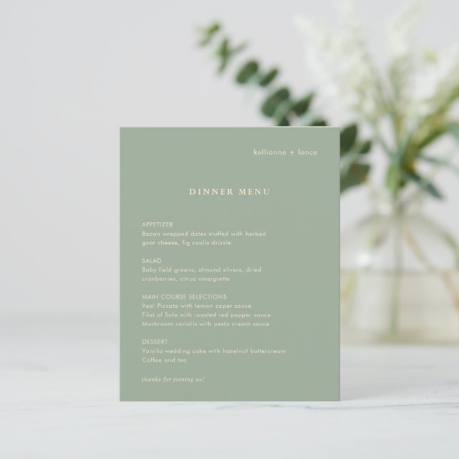 Menu de mariage simple vert sauge moderne (Debout devant)