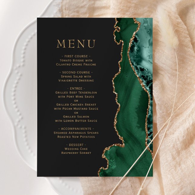 Menu de mariage sombre en agate dorée vert émeraud (Créateur téléchargé)