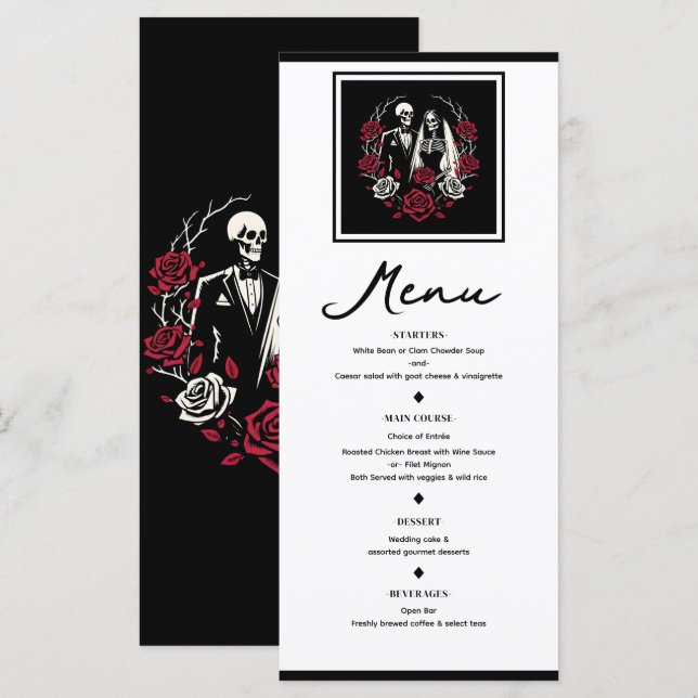 Menu de mariage squelette aux roses rouges et blan (Devant / Derrière)