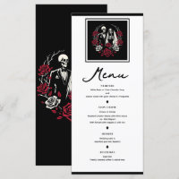 Menu de mariage squelette aux roses rouges et blan