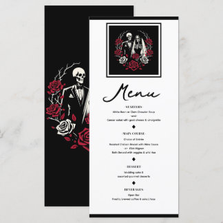 Menu de mariage squelette aux roses rouges et blan