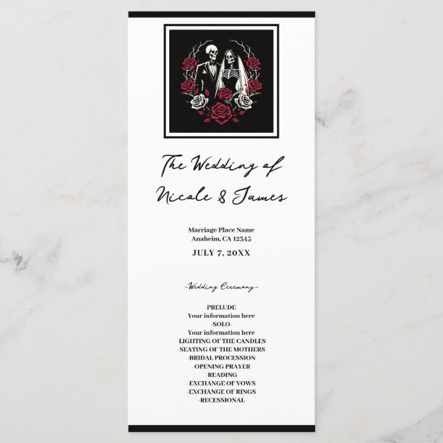 Menu de mariage squelette aux roses rouges et blan (Devant)