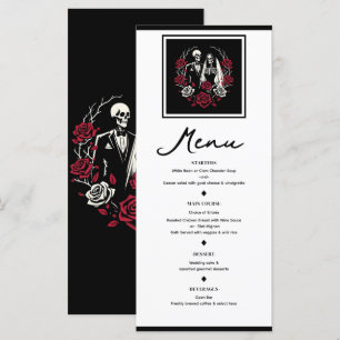 Menu de mariage squelette aux roses rouges et noir