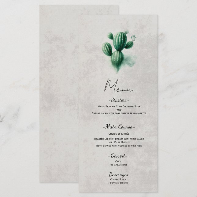 Menu de mariage sud-ouest Cactus Vert Aquarelle (Devant / Derrière)