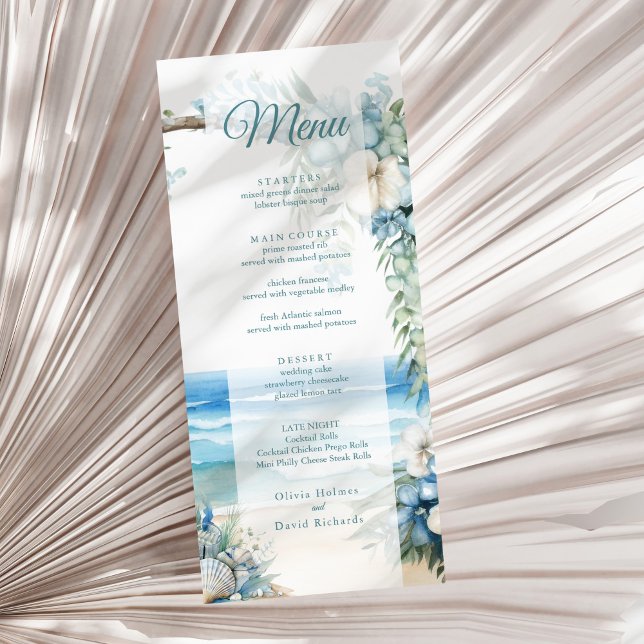 Menu de mariage sur la plage à arche tropical bleu (Watercolor Blue Tropical Arch Beach Wedding Menu on a sunny neutral dry palm leaf.)