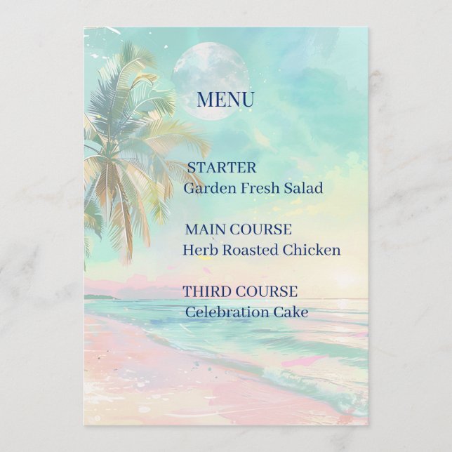 Menu de mariage sur la plage à l'aquarelle au clai (Devant)