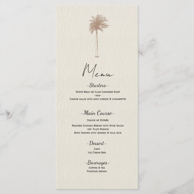 Menu de mariage sur la plage au thème de palmiers  (Devant)
