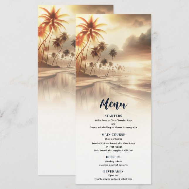 Menu de mariage sur la plage avec palmiers et couc (Devant / Derrière)