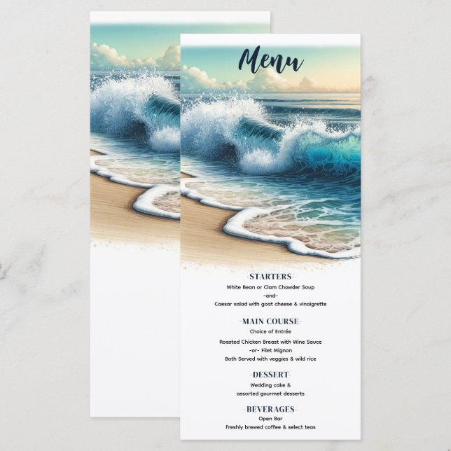 Menu de mariage sur la plage côtière avec des vagu (Devant / Derrière)