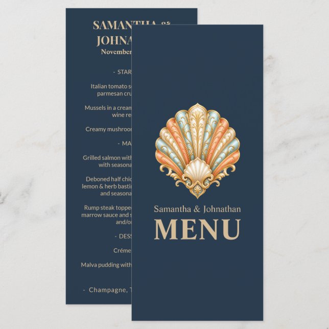 Menu de mariage sur la plage luxe coquille de clam (Devant / Derrière)
