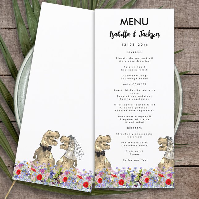 Menu de mariage sur le thème des dinosaures (Fun dinosaur themed wedding menu with T-Rex bride and groom in a colorful wildflower meadow )