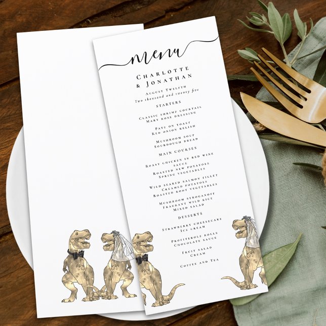 Menu de mariage sur le thème des dinosaures (Dinosaur theme wedding menu funny T-Rex bride and groom dino elegant modern script)