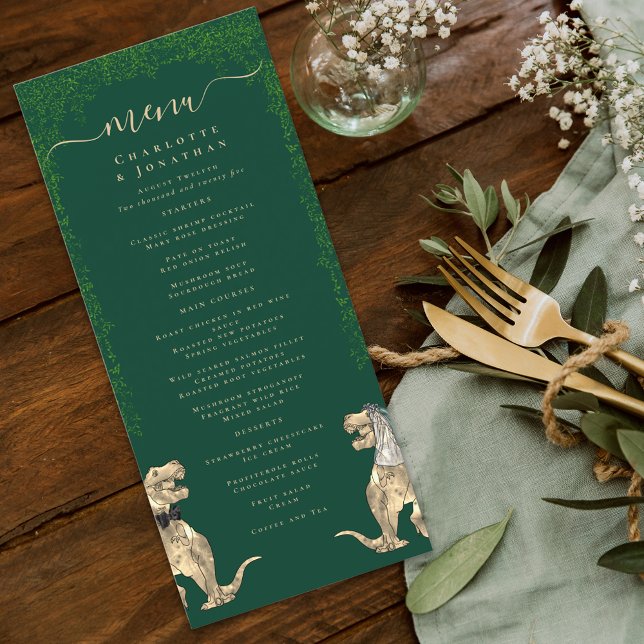 Menu de mariage sur le thème des dinosaures (dinosaur bride and groom dark green wedding menu watercolor T-Rex dino Jurassic eucalyptus foliage)