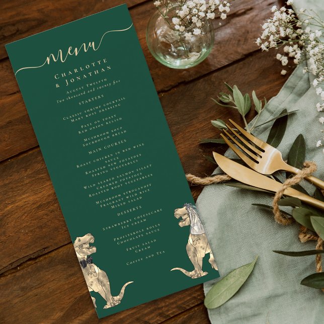 Menu de mariage sur le thème des dinosaures (dinosaur bride and groom dark green wedding menu watercolor fun Jurassic T-Rex dino)