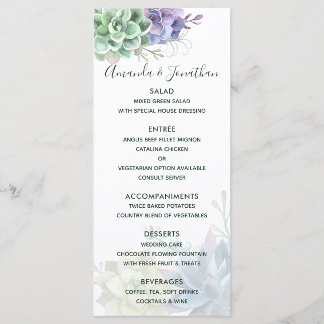 Menu de mariage sur les cactus succulents à l'aqua (Devant)