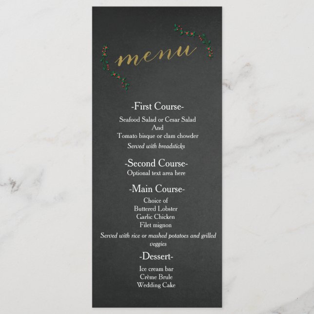 Menu de mariage tableau noir de Noël avec du houx (Devant)