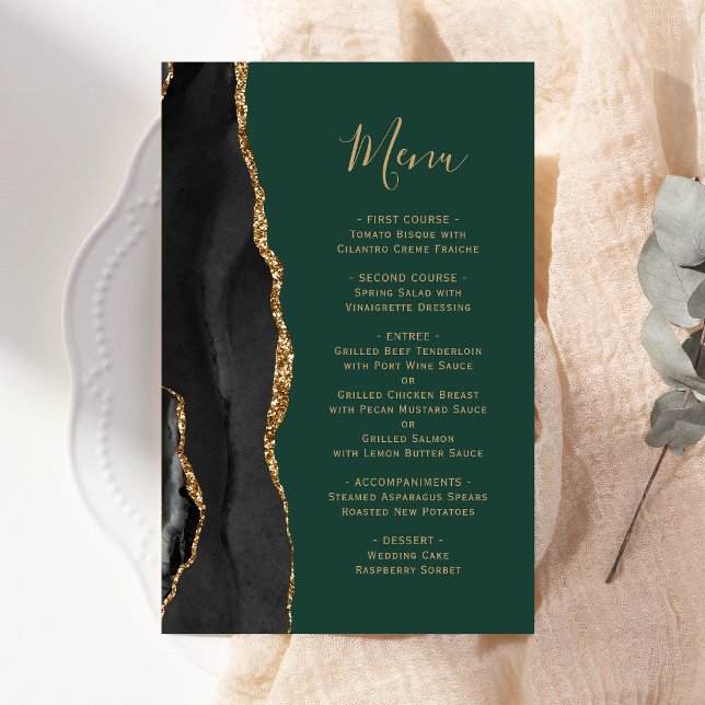 Menu de mariage Tall Budget Noir Agate Vert Or (Créateur téléchargé)