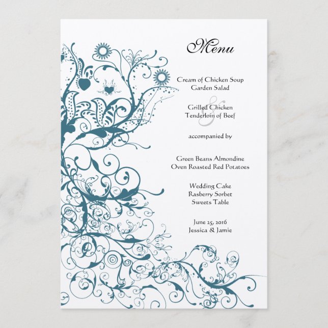 Menu de mariage Teal Birds and Swirls (Devant)