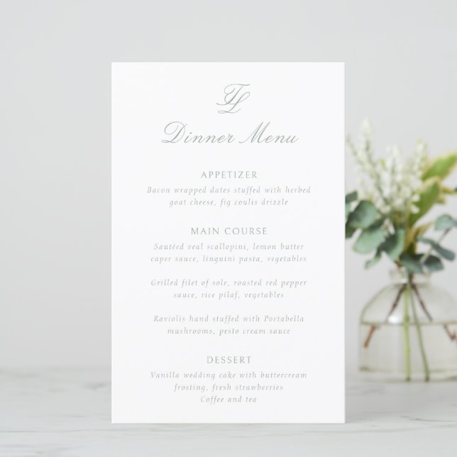 Menu de mariage traditionnel vert sauge élégant (Debout devant)