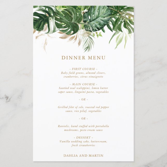 Menu de mariage tropical à la verdure dorée modern (Devant)