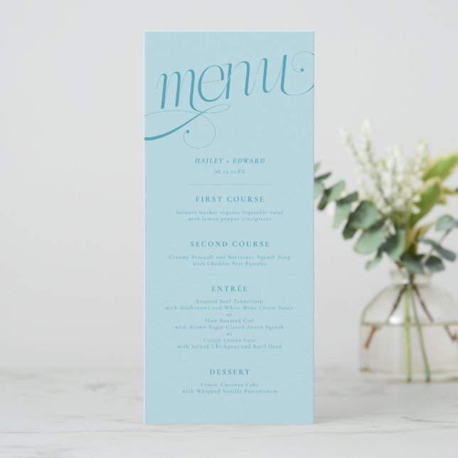 Menu de mariage turquoise Élégant Tourbillon (Debout devant)
