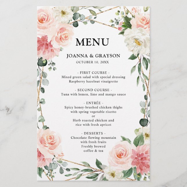 Menu de Mariage végétal géométrique rose pâle (Devant)