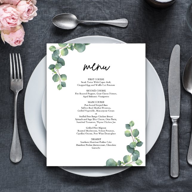 Menu de mariage végétation eucalyptus botanique ru (Rustic eucalyptus greenery menu adds natural elegance and guides guests through your wedding meal.)
