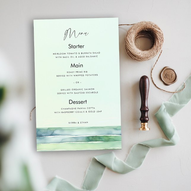 Menu de mariage vert de mer de la piscine de marée (coastal wedding menu green theme tide pool sea sage modern elegant calligraphy beach ocean)