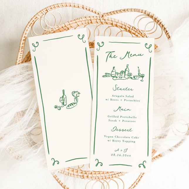 Menu de mariage vert dessiné à la main de manière  (Créateur téléchargé)