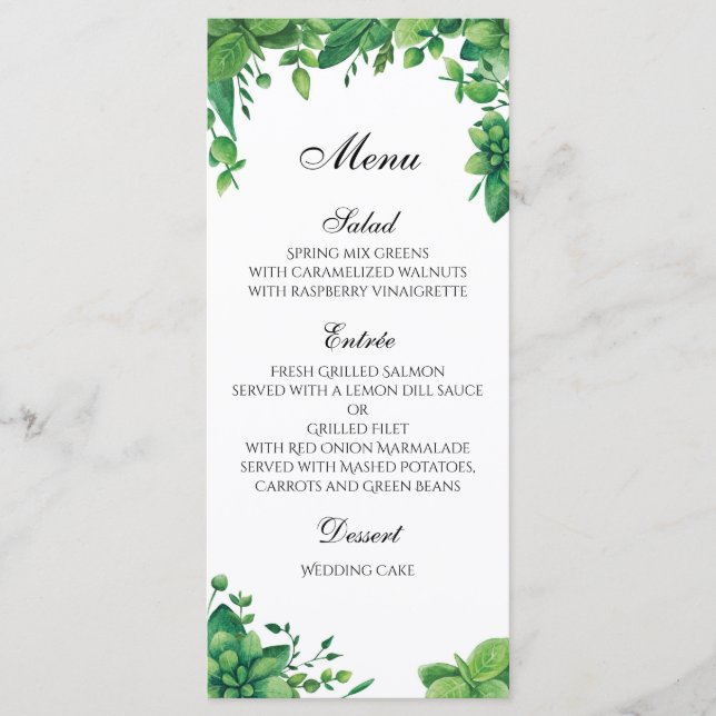 Menu de mariage vert en plein air. Menu de dîner d (Devant)