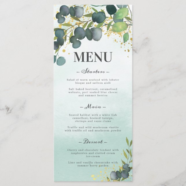 Menu de mariage vert eucalyptus or (Devant)