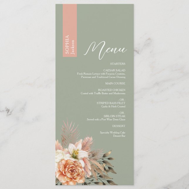 Menu de mariage vert sauge avec nom des invités (Devant)