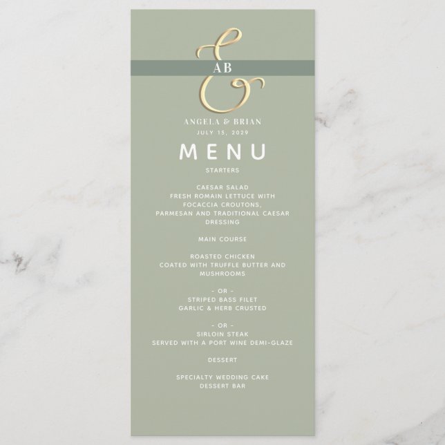 Menu de mariage vert sauge moderne (Devant)