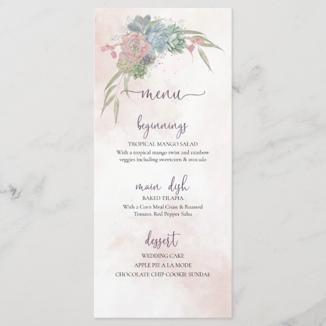 Menu de mariage vert succulent et rose (Devant)