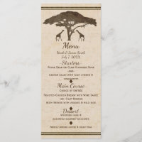 Menu de mariage vintage arbres girafes safari afri
