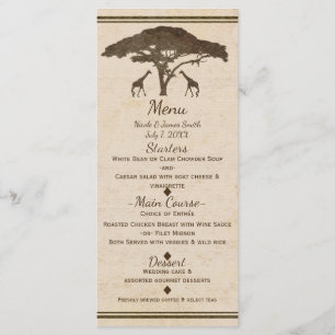 Menu de mariage vintage arbres girafes safari afri