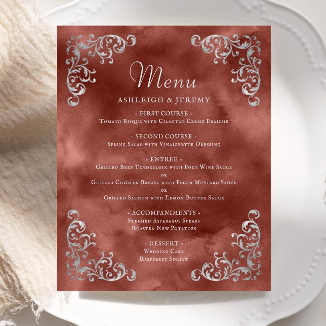 Menu de mariage vintage argent budget cannelle rou (Créateur téléchargé)