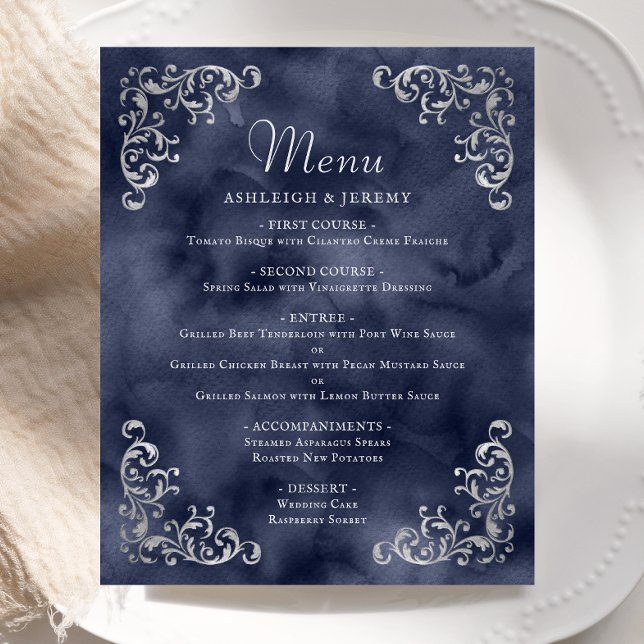 Menu de mariage vintage argenté bleu marine (Créateur téléchargé)
