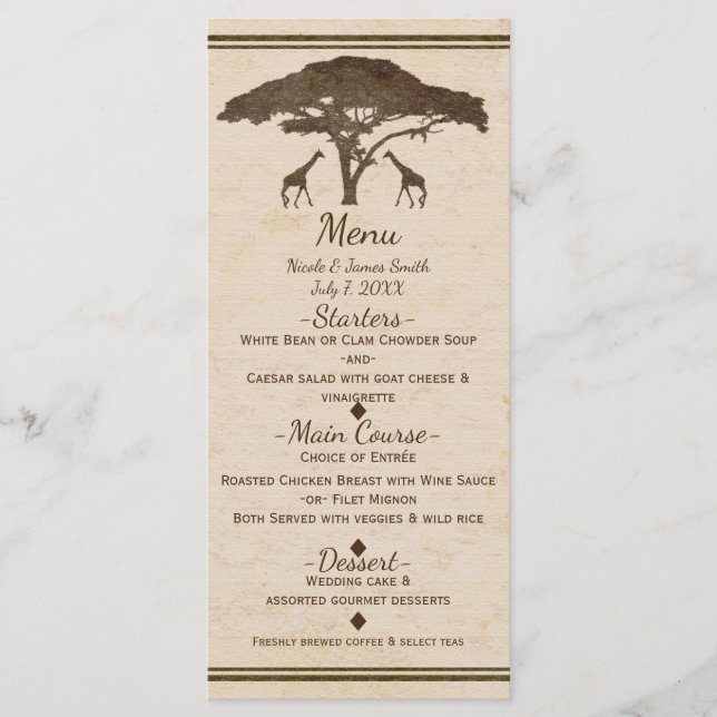 Menu de mariage vintage girafe safari africain (Devant)