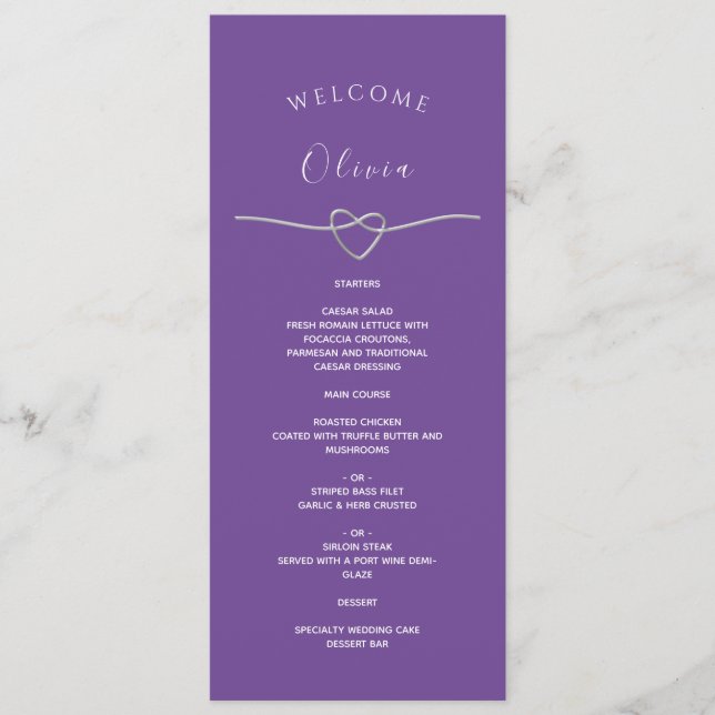 Menu de mariage violet avec nom et cœur argenté (Devant)