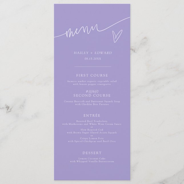 Menu de mariage violet de script moderne (Devant)