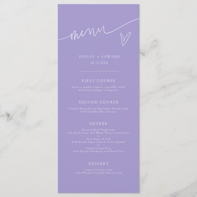 Menu de mariage violet de script moderne (Devant)